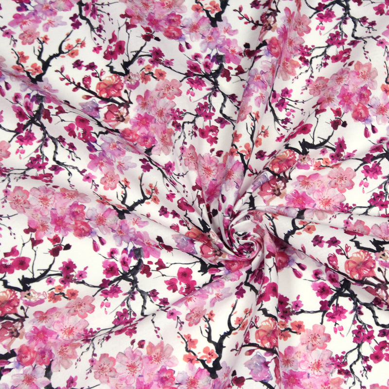 Tissu cotonnade SAKURA ROSE : jardin japonais aux fleurs de cerisier roses & fuchsia - tissuspipi.com
