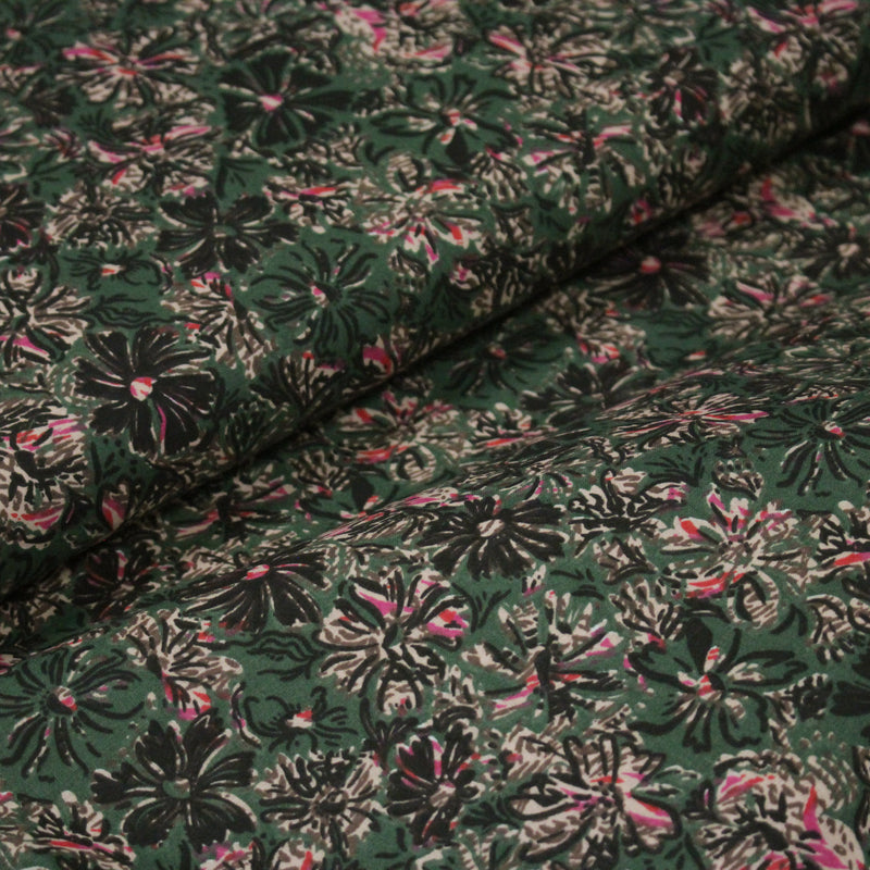 Tissu cotonnade ESTORIL fleuri vert aux touches noires, fuchsia et écrues - STANDARD 100 OEKO - TEX - tissuspipi.com