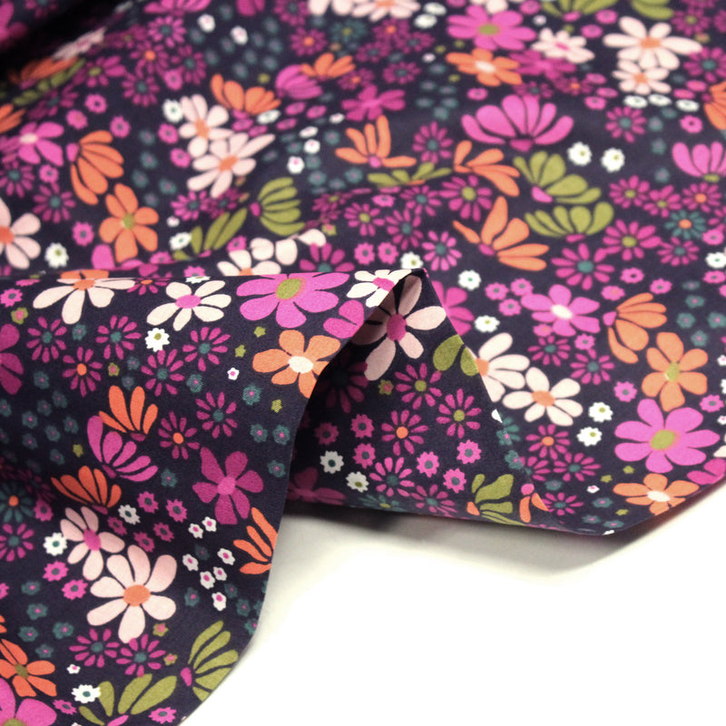 Tissu cotonnade fleuri SEVENTIES violet orange vert - STANDARD 100 OEKO - TEX - tissuspipi.com