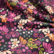 Tissu cotonnade fleuri SEVENTIES violet orange vert - STANDARD 100 OEKO - TEX - tissuspipi.com