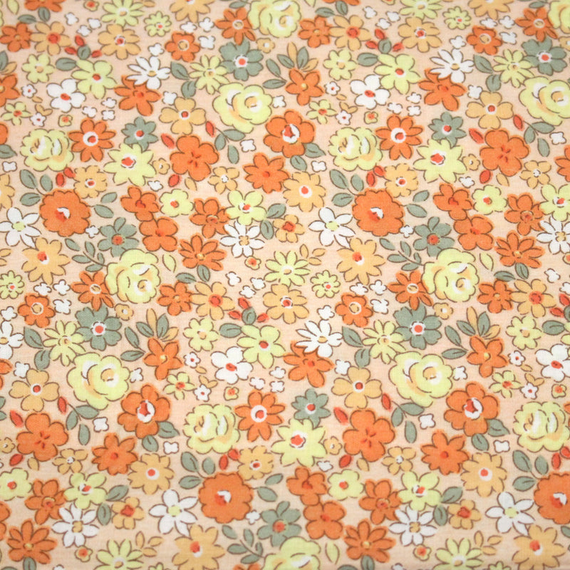Tissu popeline coton fleurie orange jaune vert fond orange - OEKO - TEX - tissuspipi.com