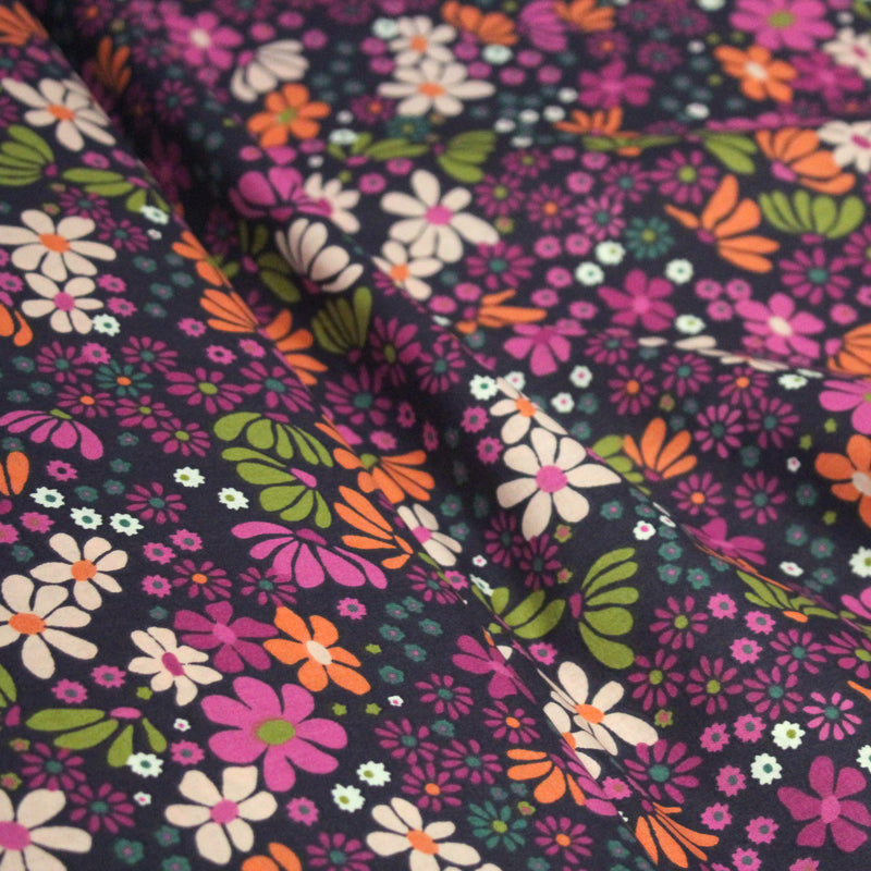 Tissu cotonnade fleuri SEVENTIES violet orange vert - STANDARD 100 OEKO - TEX - tissuspipi.com