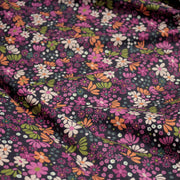Tissu cotonnade fleuri SEVENTIES violet orange vert - STANDARD 100 OEKO - TEX - tissuspipi.com