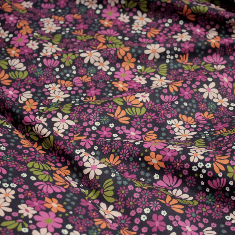 Tissu cotonnade fleuri SEVENTIES violet orange vert - STANDARD 100 OEKO - TEX - tissuspipi.com