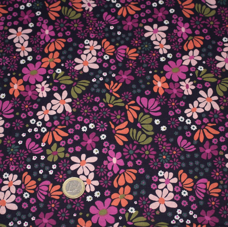Tissu cotonnade fleuri SEVENTIES violet orange vert - STANDARD 100 OEKO - TEX - tissuspipi.com