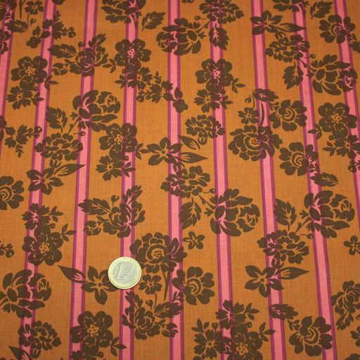 Tissu cotonnade SEVENTIES fleurs marrons, rayures roses et ocres - STANDARD 100 OEKO - TEX - tissuspipi.com