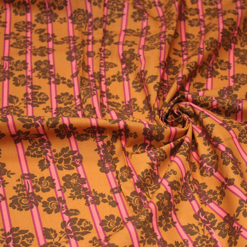 Tissu cotonnade SEVENTIES fleurs marrons, rayures roses et ocres - STANDARD 100 OEKO - TEX - tissuspipi.com