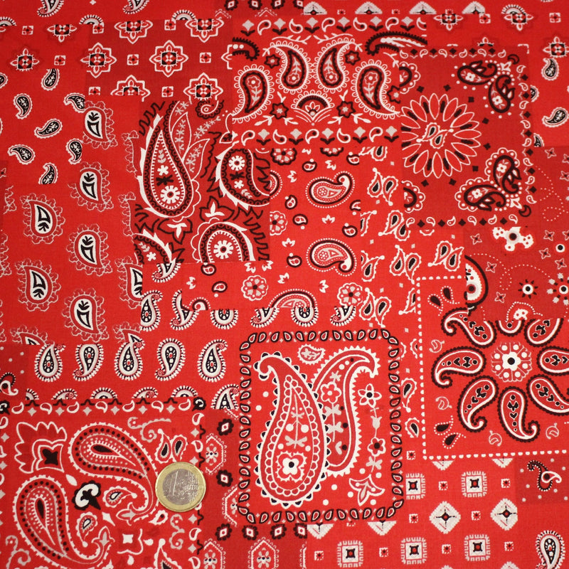 Tissu cotonnade, motif BANDANA paisley : rouge / bleu / vert - OEKO - TEX STANDARD 100 - tissuspipi.com