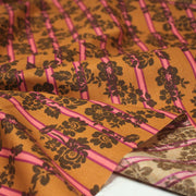Tissu cotonnade SEVENTIES fleurs marrons, rayures roses et ocres - STANDARD 100 OEKO - TEX - tissuspipi.com