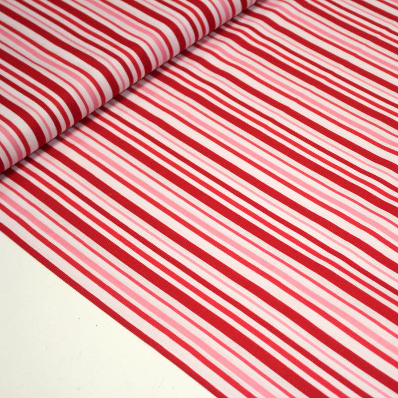 Tissu cotonnade aux rayures rouges, roses et blanches - tissuspipi.com