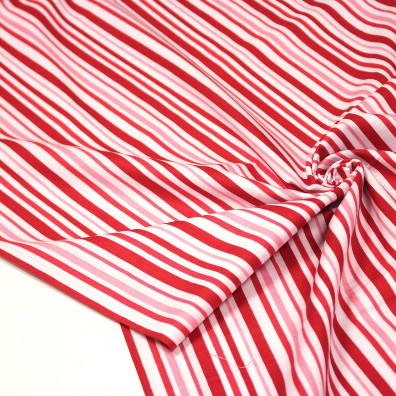 Tissu cotonnade aux rayures rouges, roses et blanches - tissuspipi.com