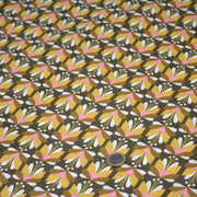 Tissu cotonnade SEVENTIES fleurs géométriques, jaune & rose fond kaki - STANDARD 100 OEKO - TEX - tissuspipi.com