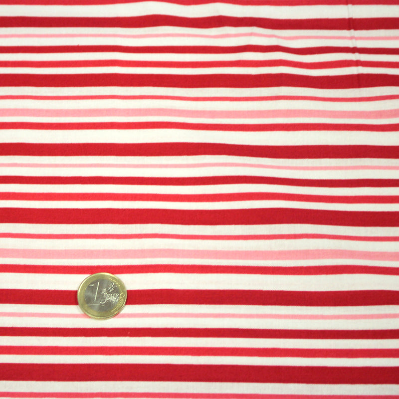 Tissu cotonnade aux rayures rouges, roses et blanches - tissuspipi.com