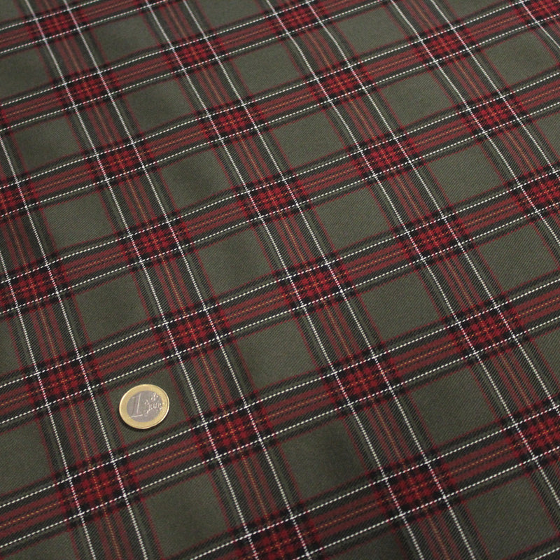 Tissu habillement Tartan carreaux motif traditionnel vert kaki noir et bordeaux - OEKO - TEX® - tissuspipi.com