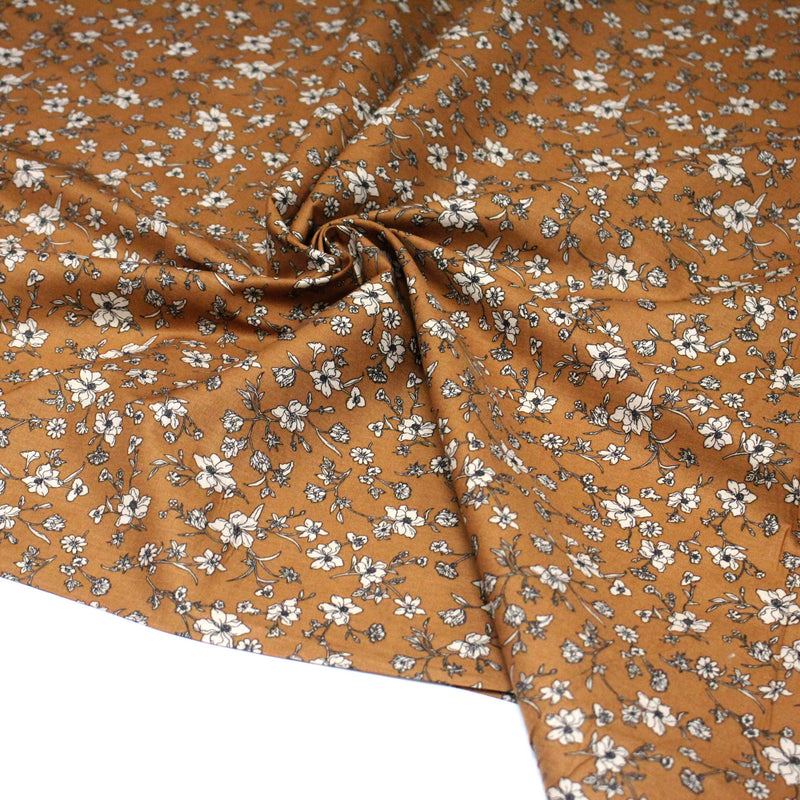 Tissu popeline coton ocre aux fines fleurs écrues & noires - OEKO - TEX - tissuspipi.com