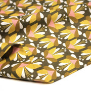 Tissu cotonnade SEVENTIES fleurs géométriques, jaune & rose fond kaki - STANDARD 100 OEKO - TEX - tissuspipi.com