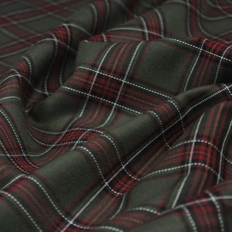 Tissu habillement Tartan carreaux motif traditionnel vert kaki noir et bordeaux - OEKO - TEX® - tissuspipi.com