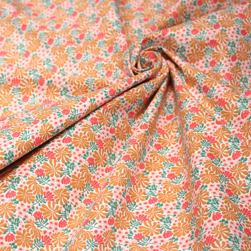 Tissu cotonnade fleuri SEVENTIES ocre rose vert - STANDARD 100 OEKO - TEX - tissuspipi.com