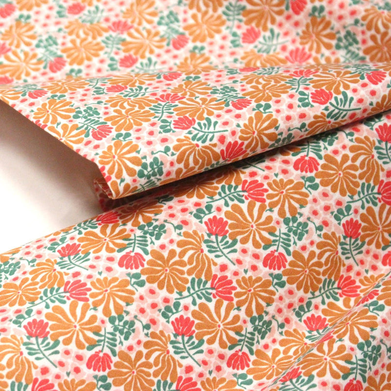 Tissu cotonnade fleuri SEVENTIES ocre rose vert - STANDARD 100 OEKO - TEX - tissuspipi.com