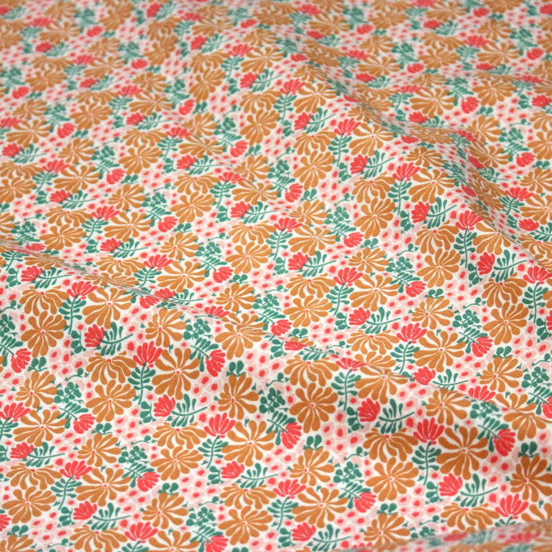 Tissu cotonnade fleuri SEVENTIES ocre rose vert - STANDARD 100 OEKO - TEX - tissuspipi.com