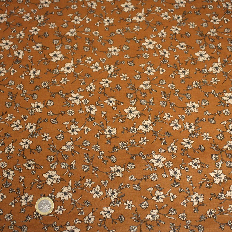 Tissu popeline coton ocre aux fines fleurs écrues & noires - OEKO - TEX - tissuspipi.com