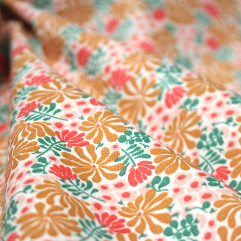 Tissu cotonnade fleuri SEVENTIES ocre rose vert - STANDARD 100 OEKO - TEX - tissuspipi.com