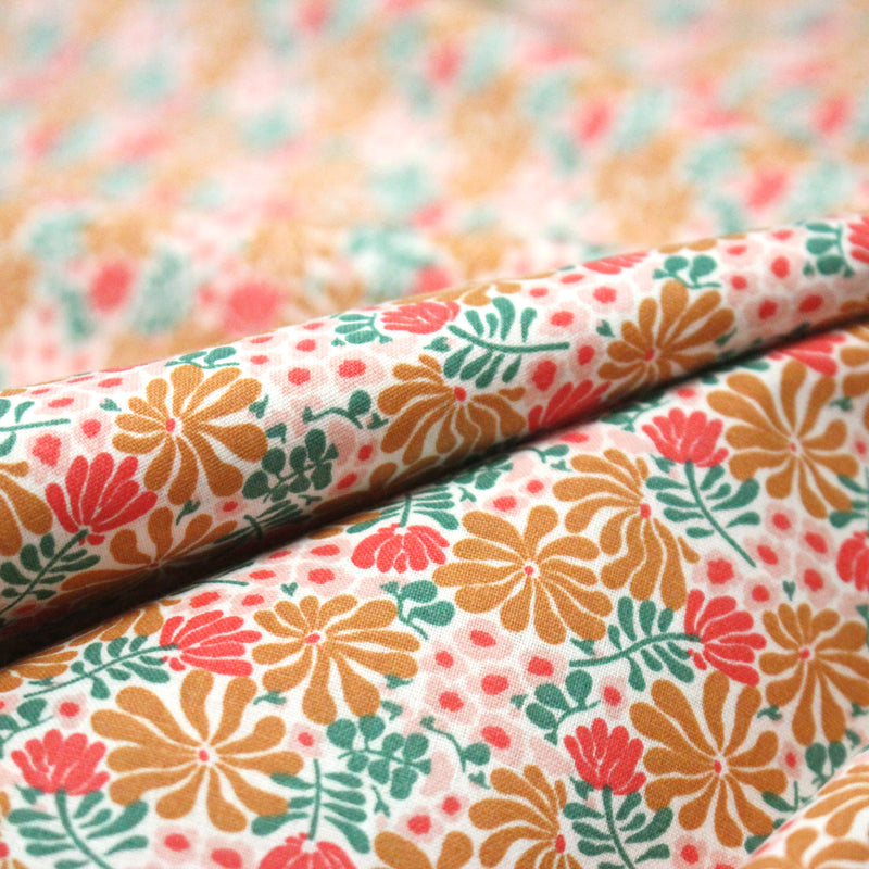 Tissu cotonnade fleuri SEVENTIES ocre rose vert - STANDARD 100 OEKO - TEX - tissuspipi.com
