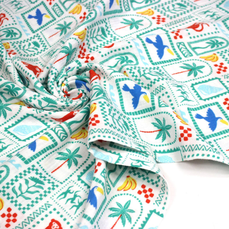 Tissu double gaze Palmiers, bananes et toucans - Collection SICILIA - STANDARD 100 OEKO - TEX - tissuspipi.com