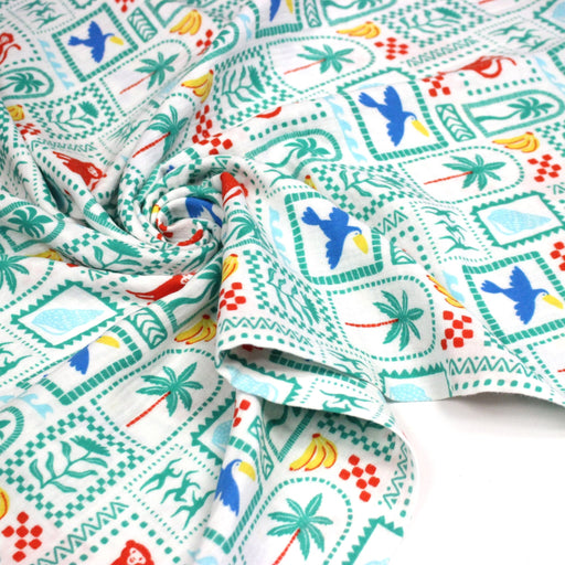 Tissu double gaze Palmiers, bananes et toucans - Collection SICILIA - STANDARD 100 OEKO - TEX - tissuspipi.com
