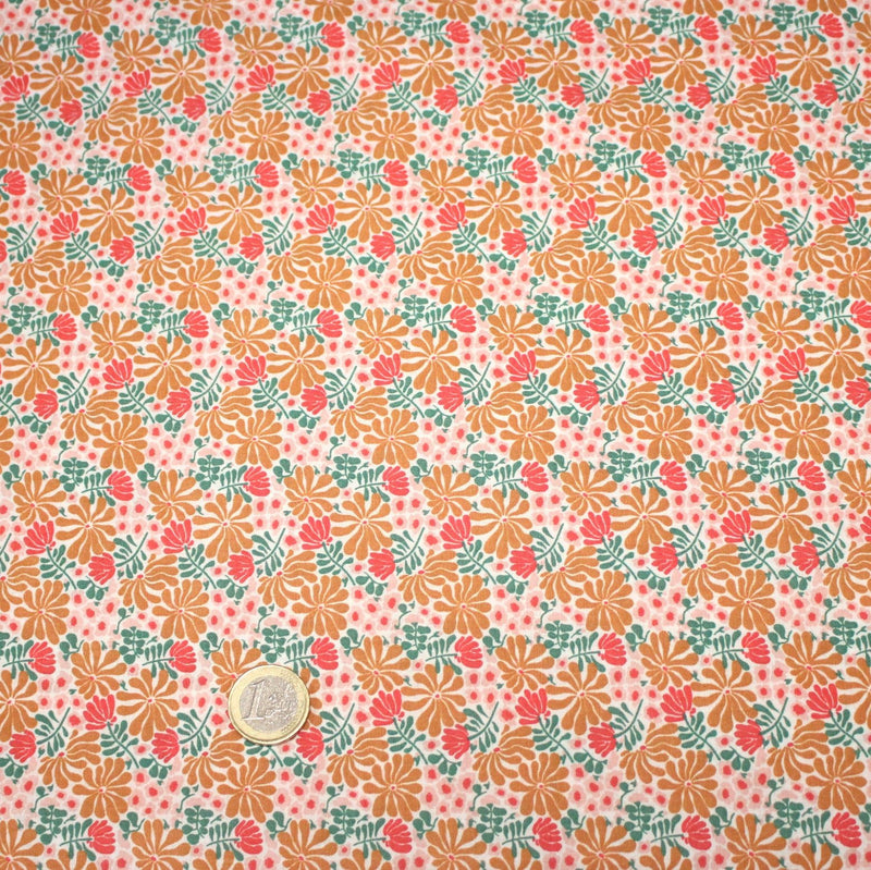 Tissu cotonnade fleuri SEVENTIES ocre rose vert - STANDARD 100 OEKO - TEX - tissuspipi.com