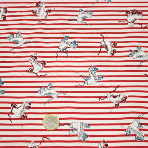 Tissu popeline coton, roller quad / patins à roulette & rayures blanches et rouges - tissuspipi.com