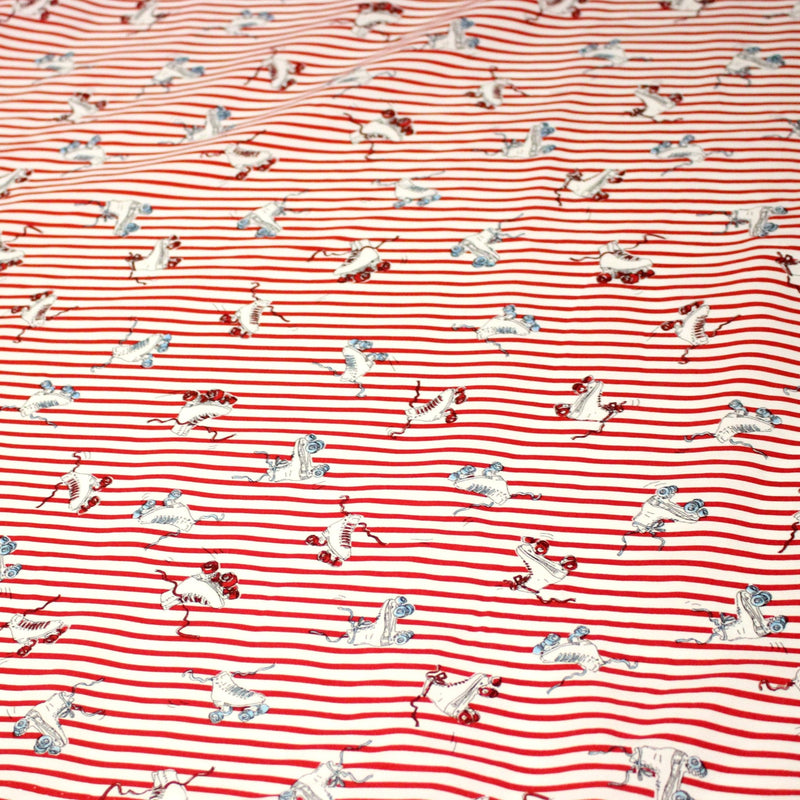 Tissu popeline coton, roller quad / patins à roulette & rayures blanches et rouges - tissuspipi.com