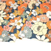 Tissu gabardine de coton SUZANNE imprimé fleurs rétro : bleu, rouille, olive - OEKO - TEX STANDARD 100 - tissuspipi.com