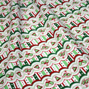 Tissu de Noël cotonnade blanc rouge vert aux cloches, gants et patins à glace sur fond rayé - tissuspipi.com