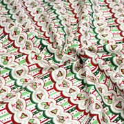 Tissu de Noël cotonnade blanc rouge vert aux cloches, gants et patins à glace sur fond rayé - tissuspipi.com
