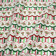 Tissu de Noël cotonnade blanc rouge vert aux cloches, gants et patins à glace sur fond rayé - tissuspipi.com