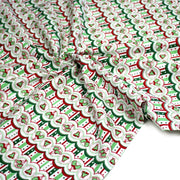 Tissu de Noël cotonnade blanc rouge vert aux cloches, gants et patins à glace sur fond rayé - tissuspipi.com