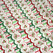 Tissu de Noël cotonnade blanc rouge vert aux cloches, gants et patins à glace sur fond rayé - tissuspipi.com