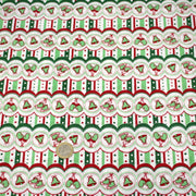 Tissu de Noël cotonnade blanc rouge vert aux cloches, gants et patins à glace sur fond rayé - tissuspipi.com