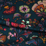 Tissu demi natté INDIENNES fleuri 100% coton, fond bleu pétrole - Collection Thevenon - tissuspipi.com