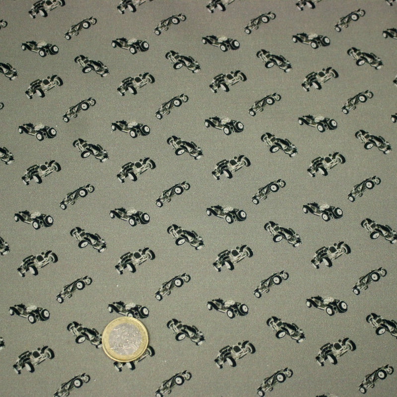 Tissu popeline coton aux petites voitures ancienne, fond vert kaki - tissuspipi.com