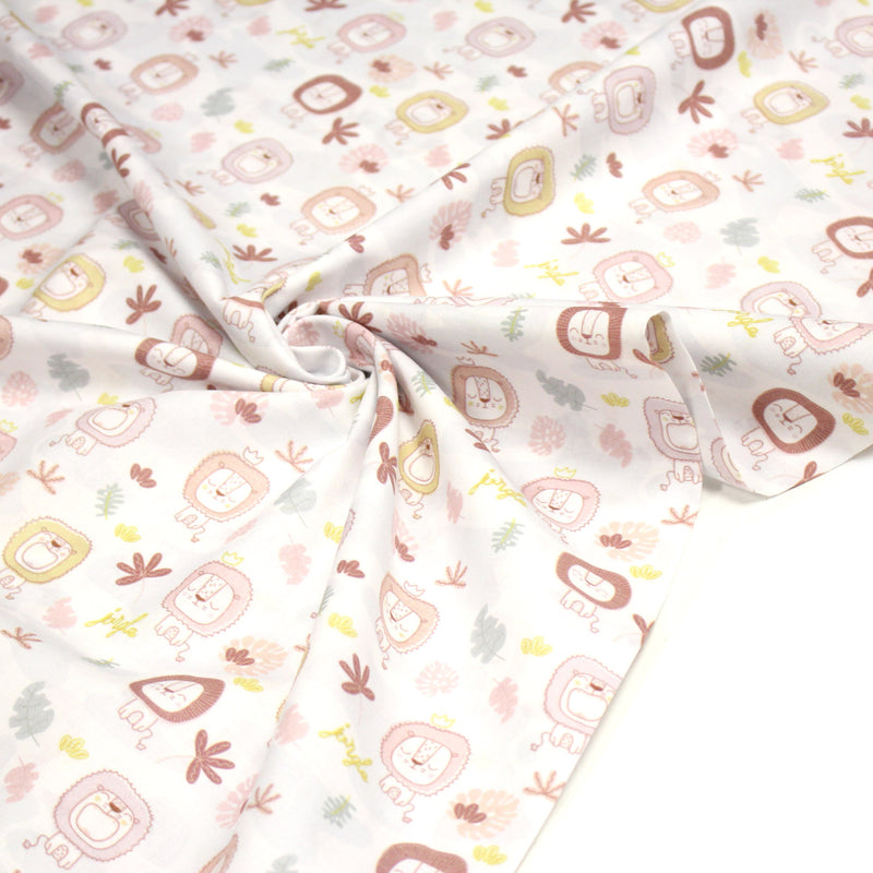 Tissu cotonnade, blanc motif tropical enfant aux têtes de lion dessinées - STANDARD 100 OEKO - TEX - tissuspipi.com