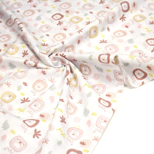 Tissu cotonnade, blanc motif tropical enfant aux têtes de lion dessinées - STANDARD 100 OEKO - TEX - tissuspipi.com