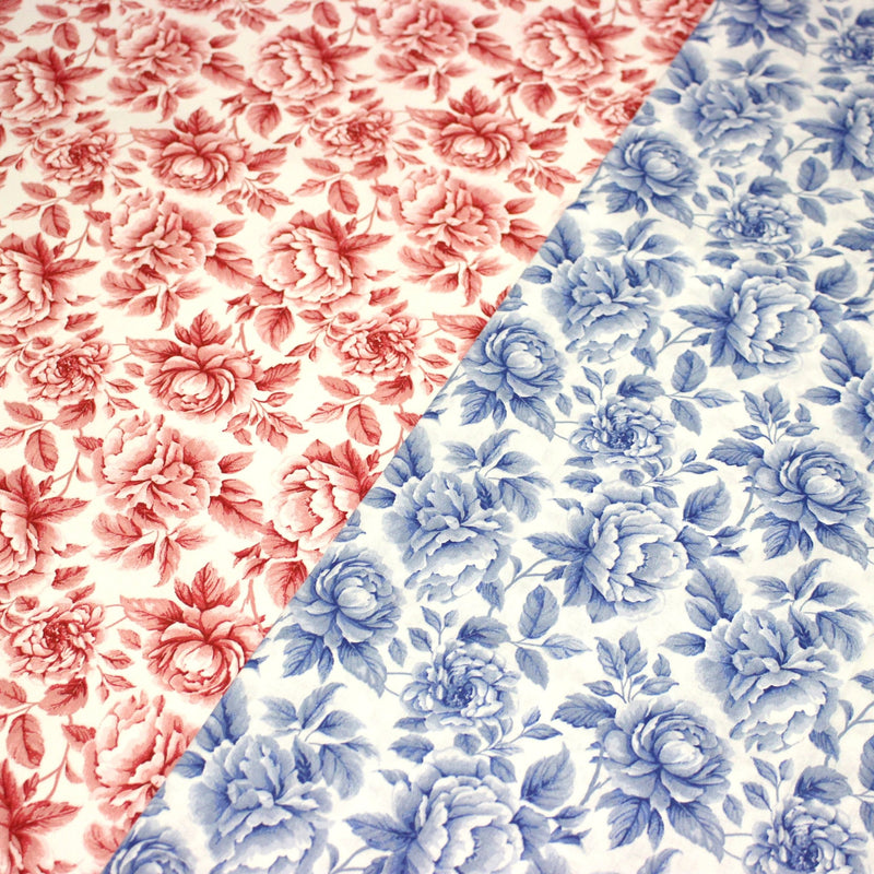 Tissu cotonnade HAMPTON BLOOM, motif britannique fleuri bleu ou rose - OEKO - TEX STANDARD 100 - tissuspipi.com