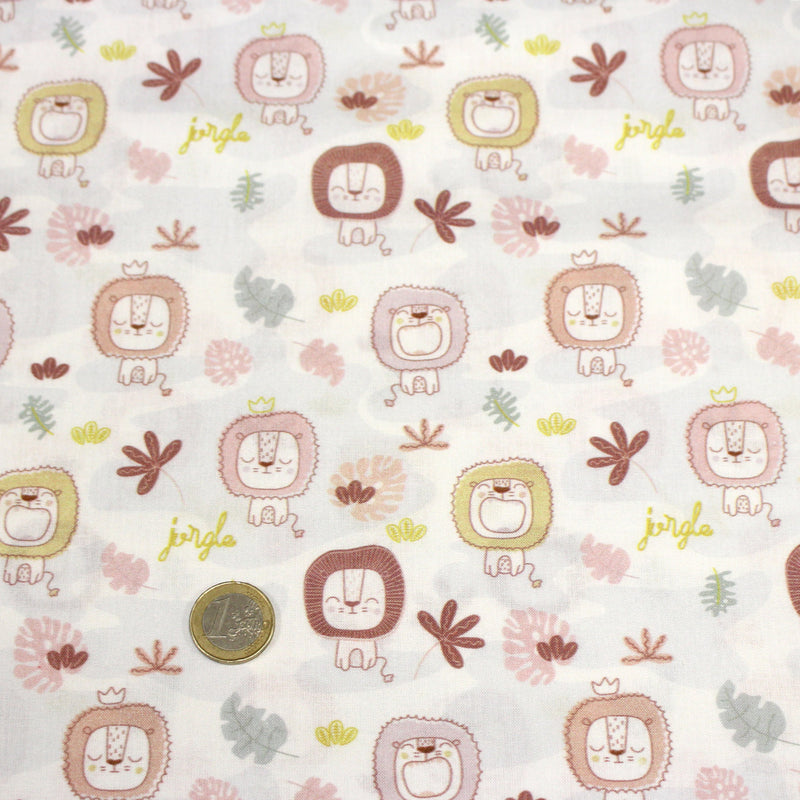 Tissu cotonnade, blanc motif tropical enfant aux têtes de lion dessinées - STANDARD 100 OEKO - TEX - tissuspipi.com