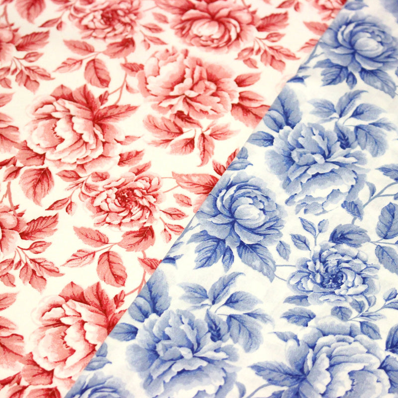 Tissu cotonnade HAMPTON BLOOM, motif britannique fleuri bleu ou rose - OEKO - TEX STANDARD 100 - tissuspipi.com