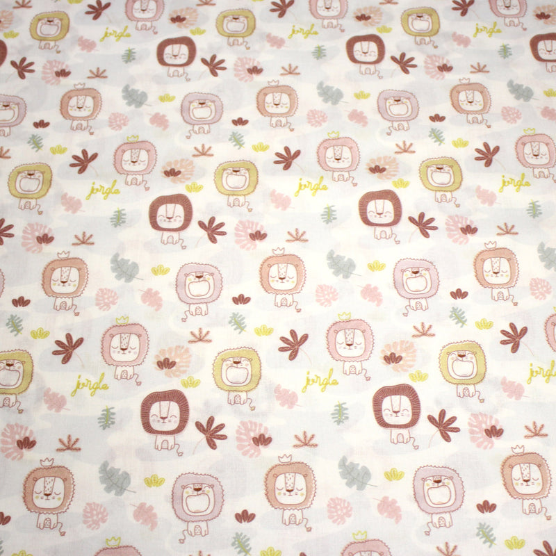 Tissu cotonnade, blanc motif tropical enfant aux têtes de lion dessinées - STANDARD 100 OEKO - TEX - tissuspipi.com