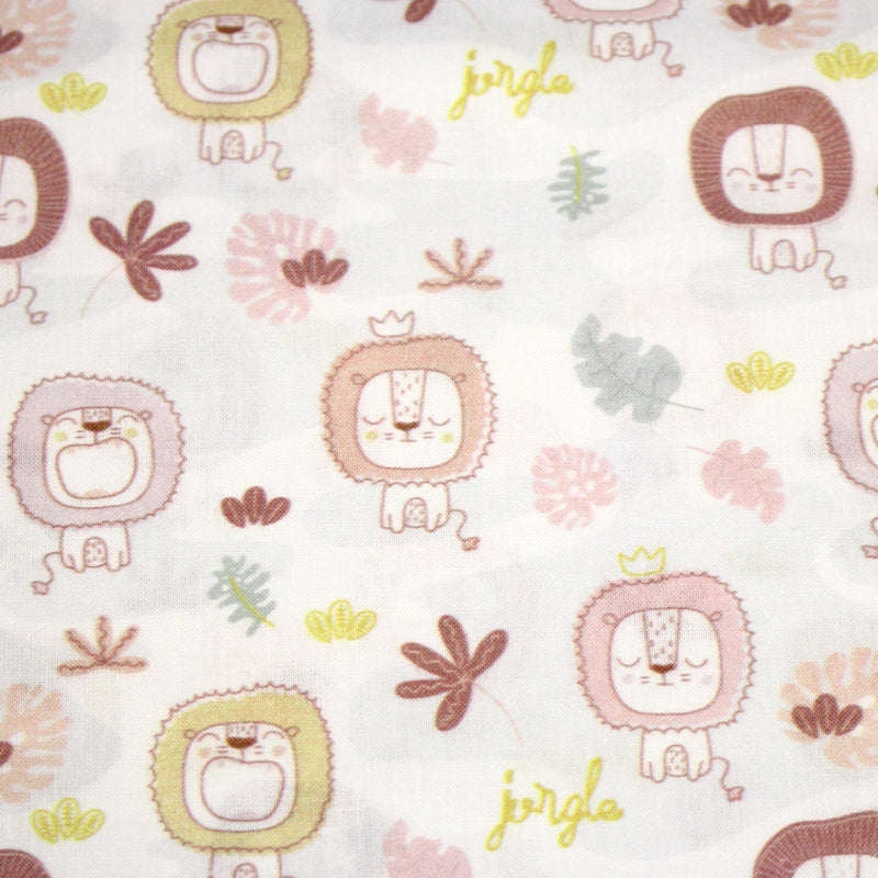 Tissu cotonnade, blanc motif tropical enfant aux têtes de lion dessinées - STANDARD 100 OEKO - TEX - tissuspipi.com