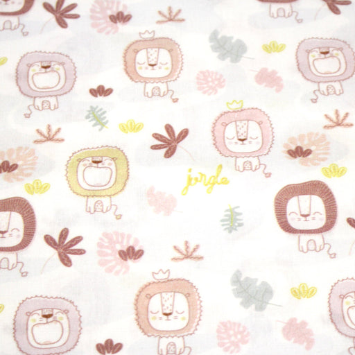 Tissu cotonnade, blanc motif tropical enfant aux têtes de lion dessinées - STANDARD 100 OEKO - TEX - tissuspipi.com