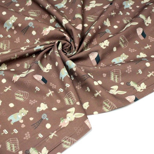 Tissu cotonnade, les animaux à la ferme, fond marron, collection AUTOMNE - STANDARD 100 OEKO - TEX - tissuspipi.com